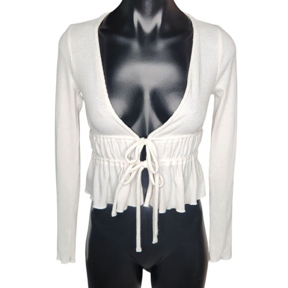 Forever 21 Ruched Tie Crop Top Size S Deep V Neck Cropped Ruffled Hem Boho Y2K - Picture 1 of 8